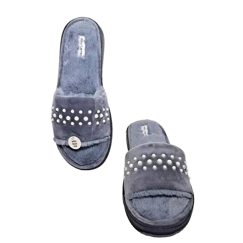 Daisy Fuentes Women’s Slip on Gray Faux Fur Soft Slippers Size L (9/10) Open Toe